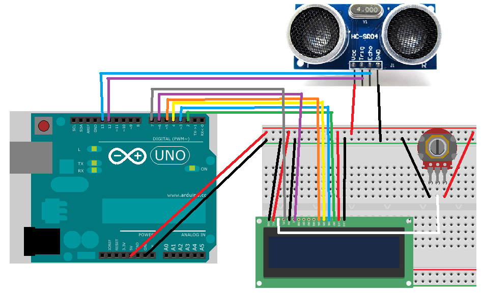 Arduino UNO - LCD display da aniqlangan masofani tasvirlash